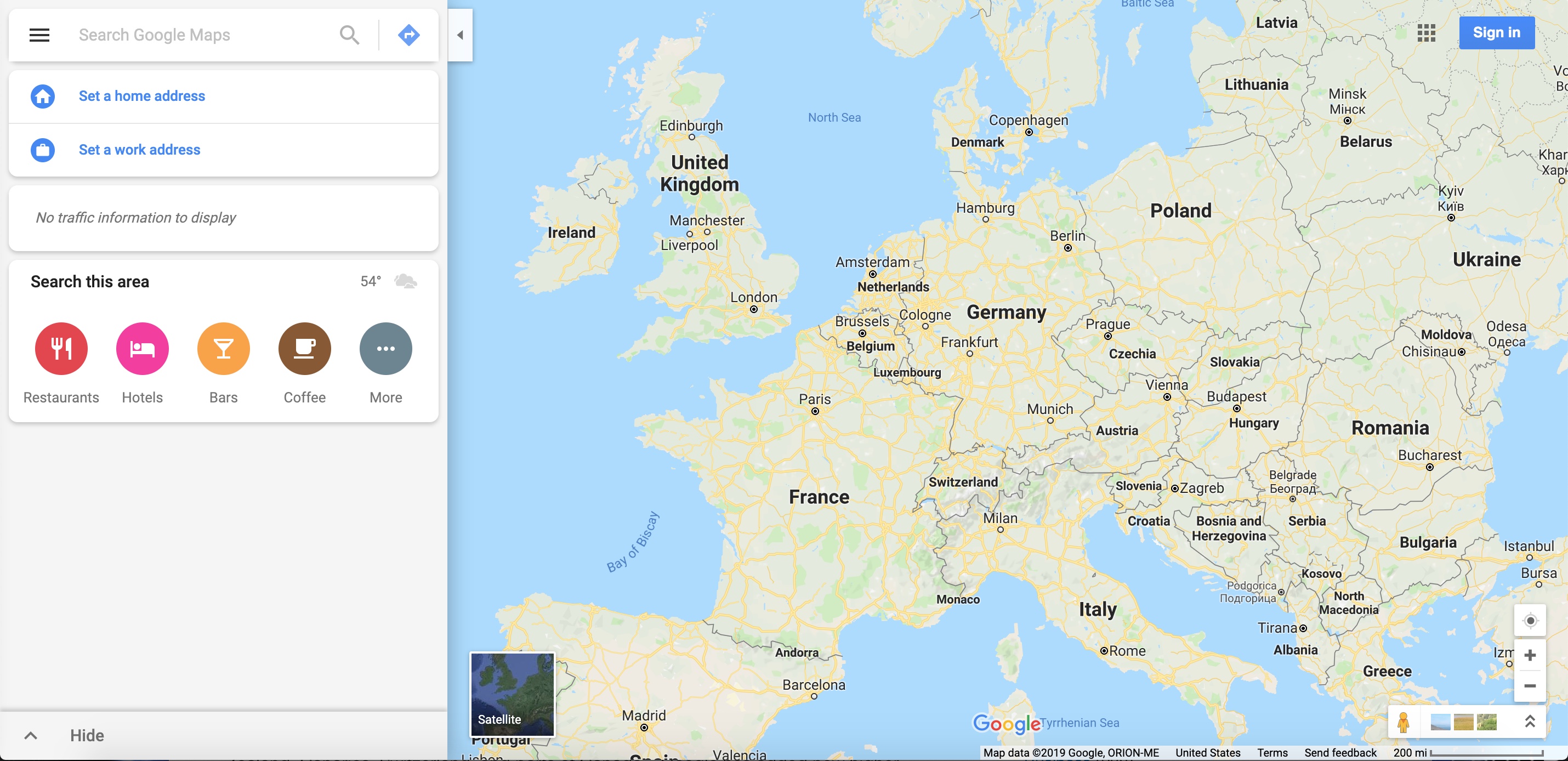 Google Maps view of Europe (2019)